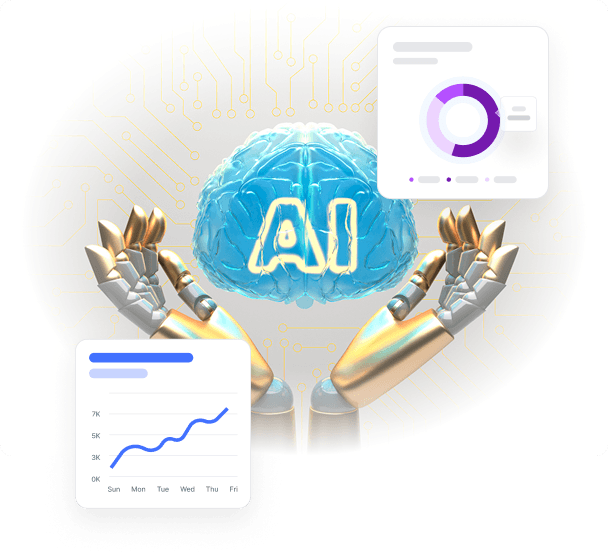 AI-powered solutions visualization with analytics and robotic hands